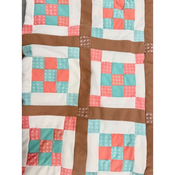 Vintage 70's Handmade Pink Turquoise Brown 92" x 70" Irish Chain Block Quilt - Picture 3 of 7